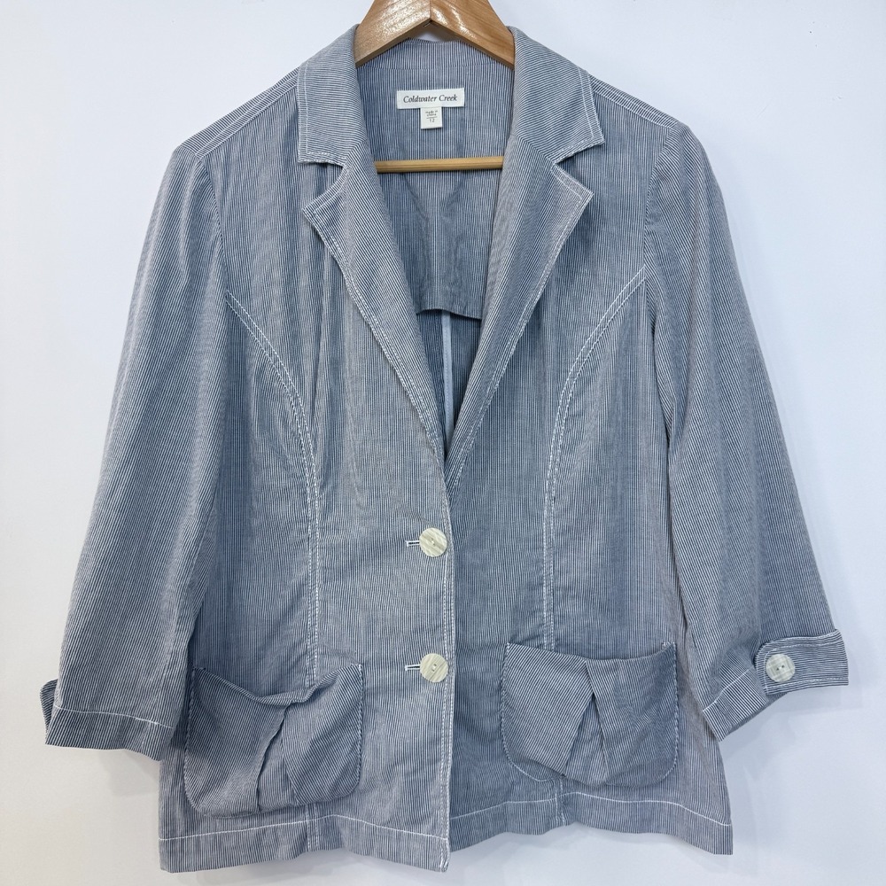Coldwater Creek Pinstripe Blazer Jacket Size‎ 12 Blue-Gray Coastal Preppy Casual